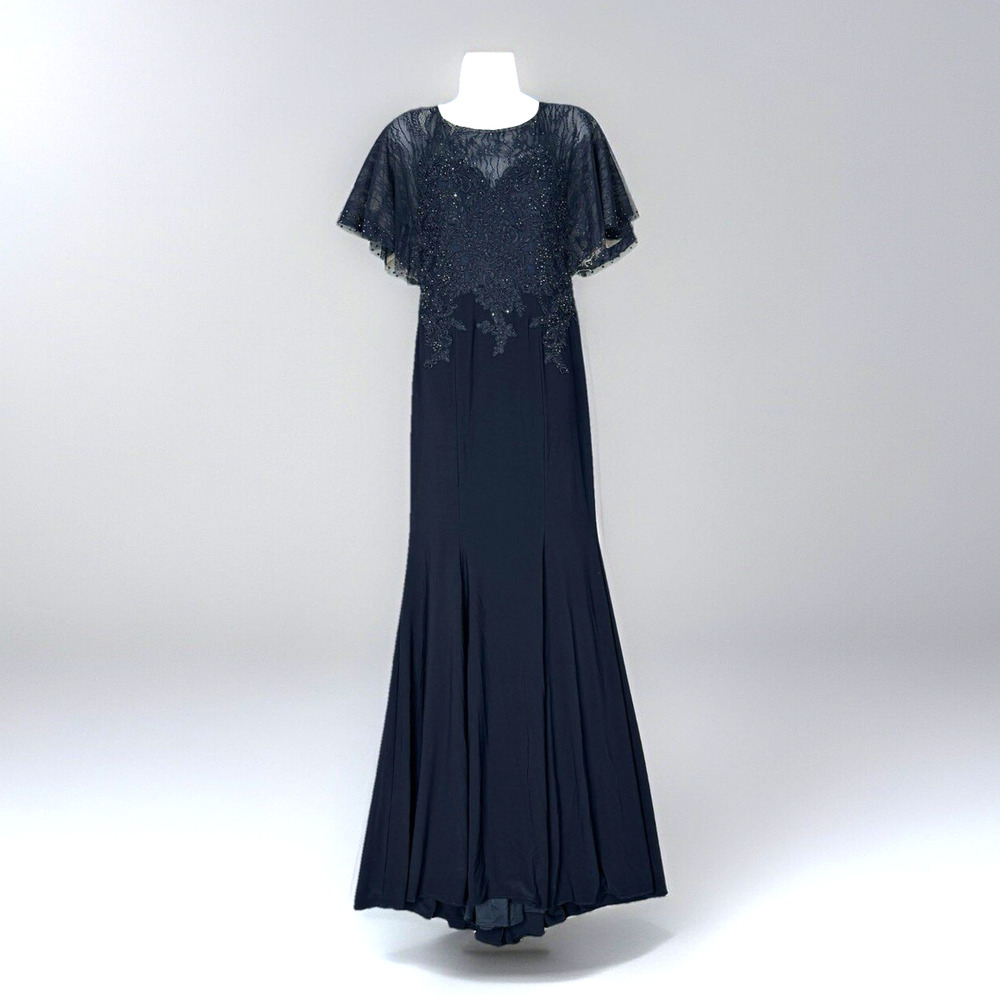 Xscape Womens Dress 4 Blue Beaded Flutter Mermaid Gown‎ Mother of Bride Formal